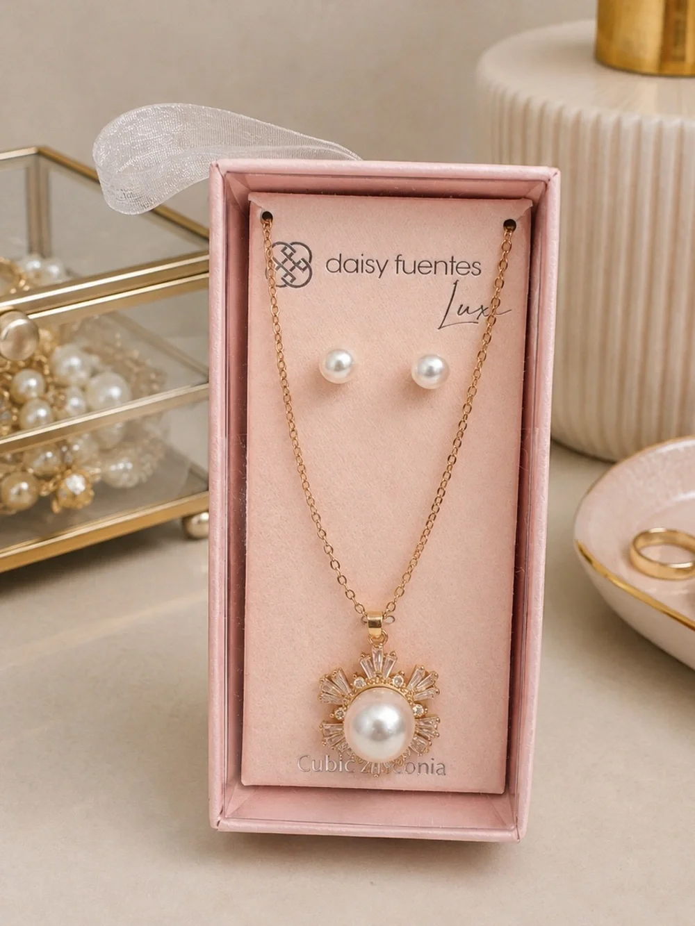 Daisy Fuentes Luxe Cubic Zirconia Pearl Necklace & Earrings Set (BR222BN)